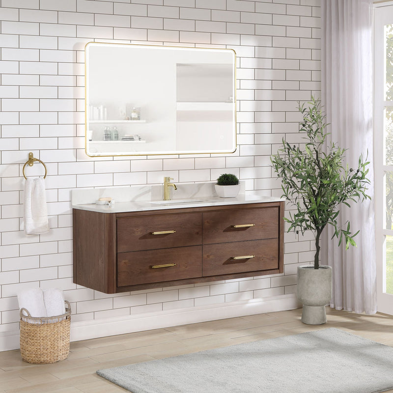 Vinnova 706655-AD-BK Cristo 55" Floating Single Bath Vanity in Aged Dark Brown Oak with Fish Maw White Quartz Stone Top