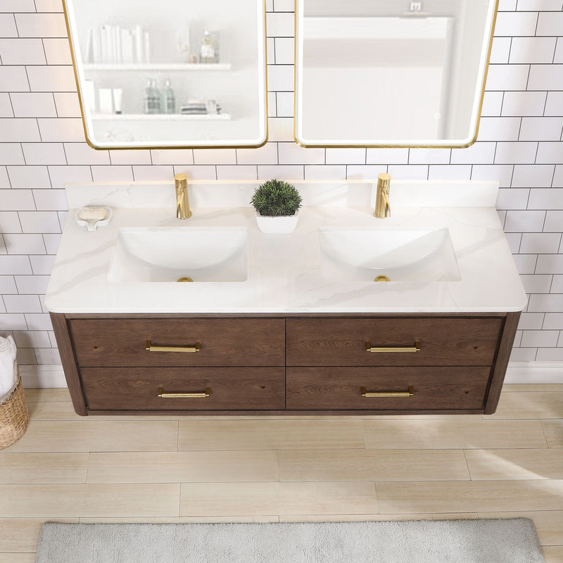 Vinnova 706660M-AD-BK Cristo 60M" Floating Double Bath Vanity in Aged Dark Brown Oak with Fish Maw White Quartz Stone Top - view 11