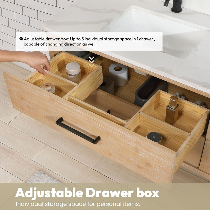 Vinnova 706672-FN-BK Cristo 72" Floating Double Bath Vanity in Fir Wood Brown with Fish Maw White Quartz Stone Top