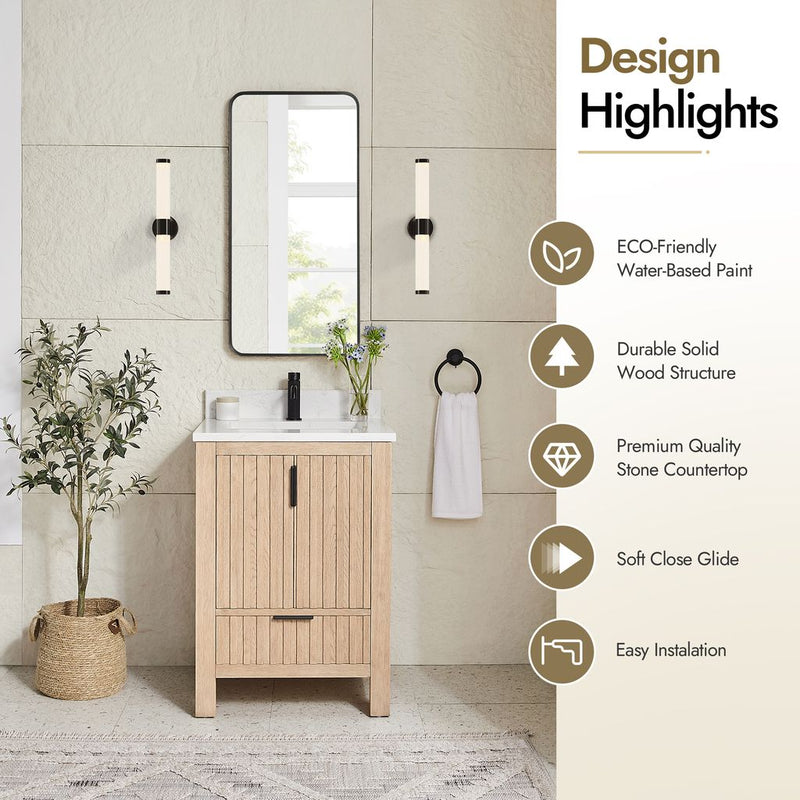 Vinnova 704224-AN-GW Shenzhen 24" Single Sink Bath Vanity in Aged Natural Oak