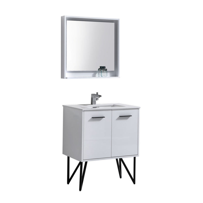 Kube Bath KB30GW Bosco 30" High Gloss White Single Sink Bathroom Vanity with White Quartz Top