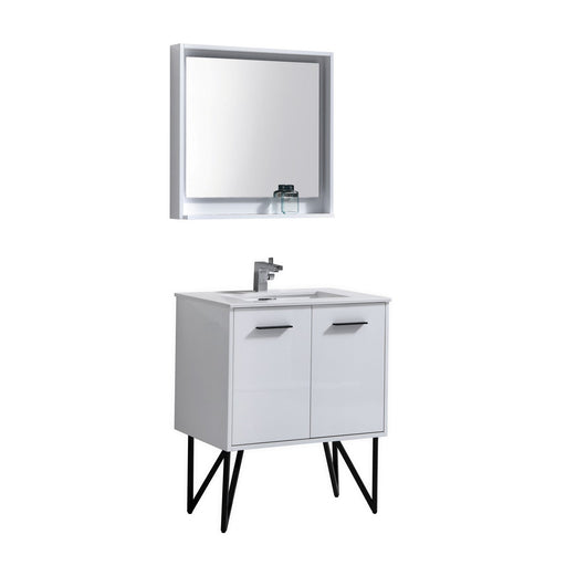 Kube Bath KB30GW Bosco 30" High Gloss White Single Sink Bathroom Vanity with White Quartz Top