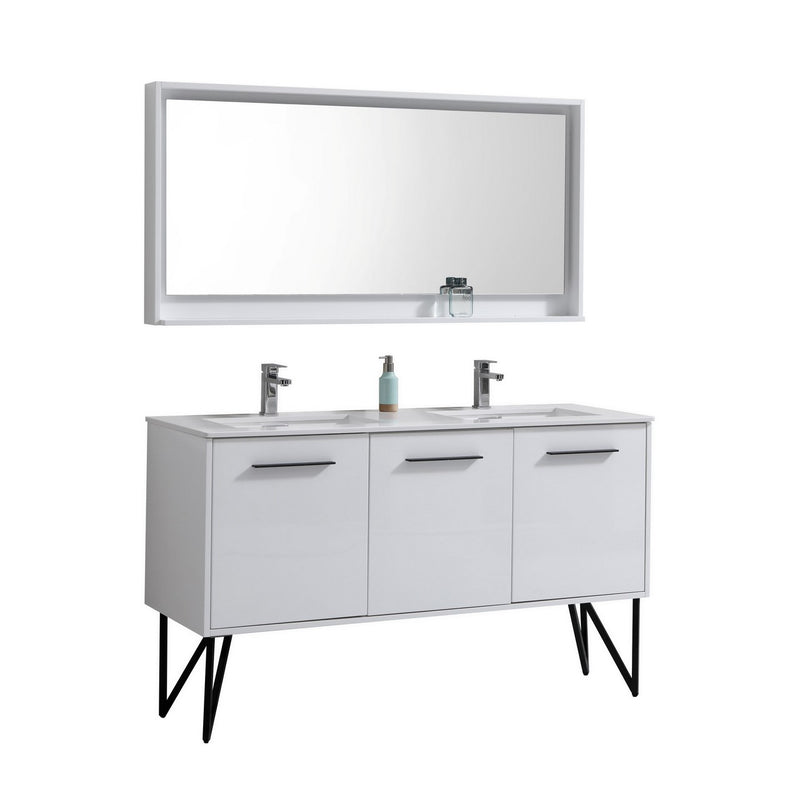 Kube Bath KB60DGW Bosco 60" High Gloss White Double Sink Bathroom Vanity with White Countertop
