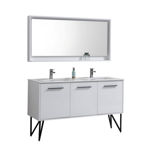 Kube Bath KB60DGW Bosco 60" High Gloss White Double Sink Bathroom Vanity with White Countertop