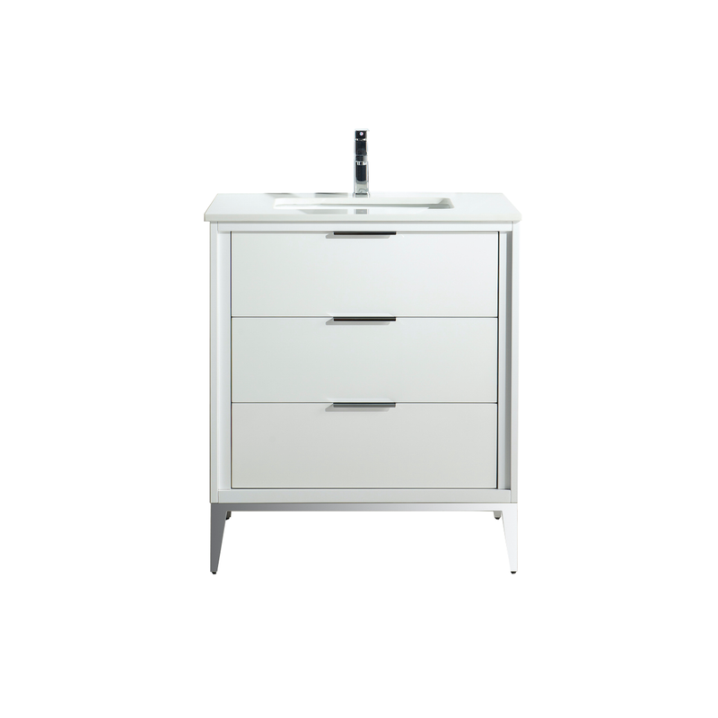 Kube Bath KD9930-GW Divani 30" Gloss White Free Standing Single Sink Bathroom Vanity with White Quartz Top