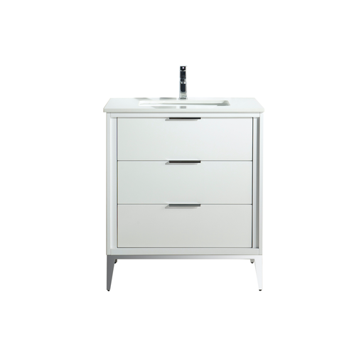 Kube Bath KD9930-GW Divani 30" Gloss White Free Standing Single Sink Bathroom Vanity with White Quartz Top