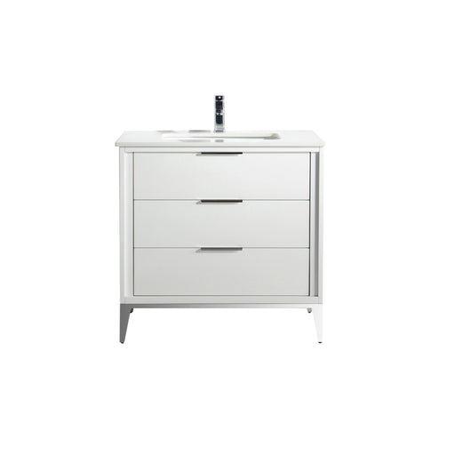 Kube Bath KD9936-GW Divani 36" Gloss White Free Standing Single Sink Bathroom Vanity with White Quartz Top