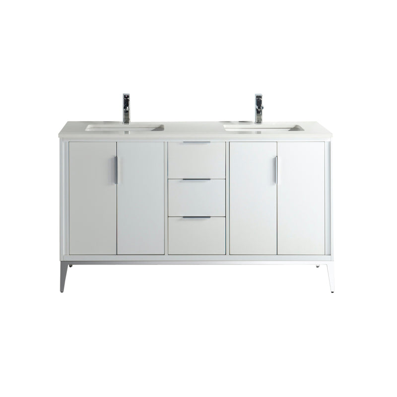 Kube Bath KD9960-GW Divani 60" Gloss White Free Standing Double Sink Bathroom Vanity with White Quartz Top