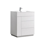 Kube Bath KFM30-GW Milano 30" High Gloss White Free Standing Single Sink Bathroom Vanity with Reinforced Acrylic Composite Top