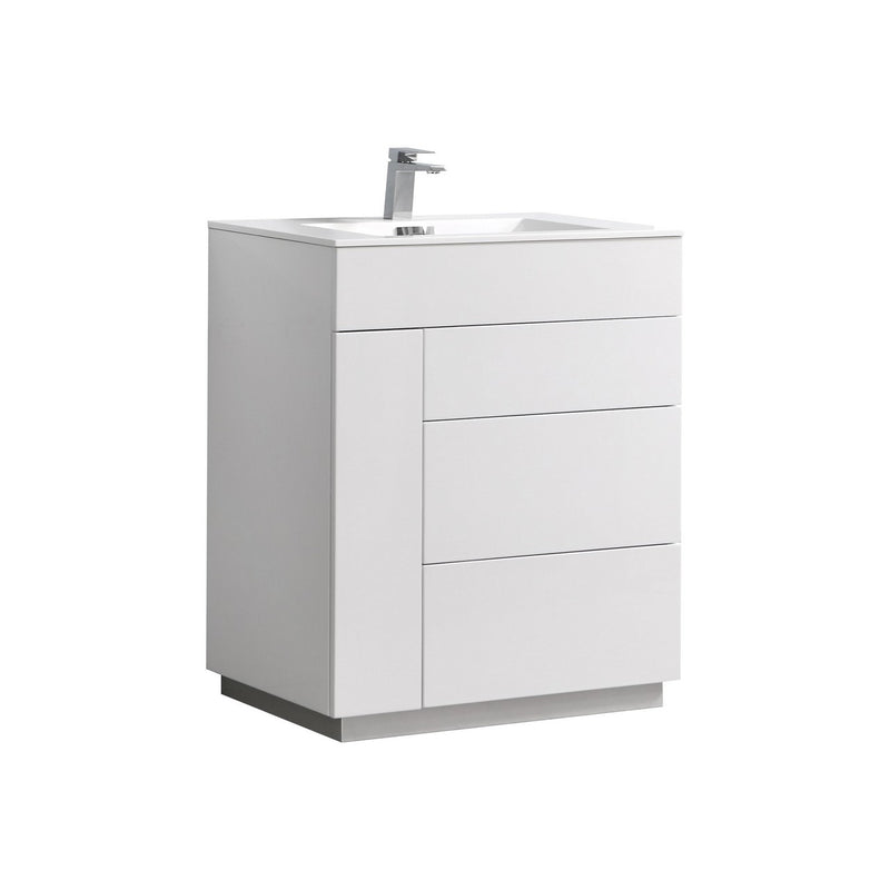 Kube Bath KFM30-GW Milano 30" High Gloss White Free Standing Single Sink Bathroom Vanity with Reinforced Acrylic Composite Top