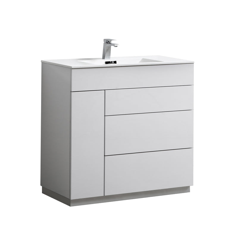 Kube Bath KFM36-GW Milano 36" High Gloss White Free Standing Single Sink Bathroom Vanity with Reinforced Acrylic Composite Top