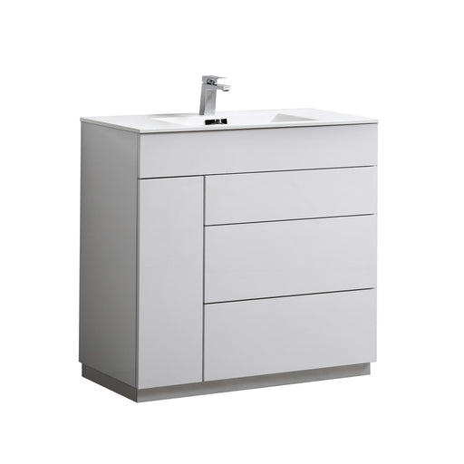 Kube Bath KFM36-GW Milano 36" High Gloss White Free Standing Single Sink Bathroom Vanity with Reinforced Acrylic Composite Top