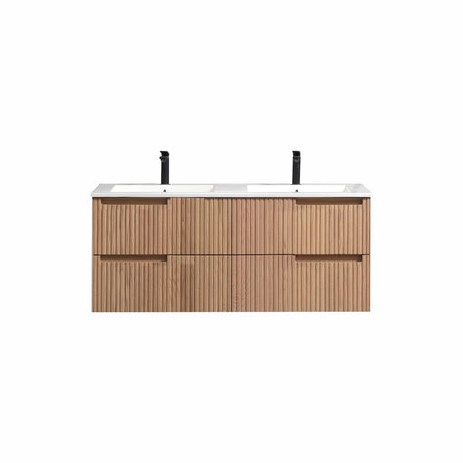 Kube Bath KSW48D-OAKWOOD Fiore 48" Oak Wood Wall Mount Double Sink Bathroom Vanity with Reinforced Acrylic Composite Top