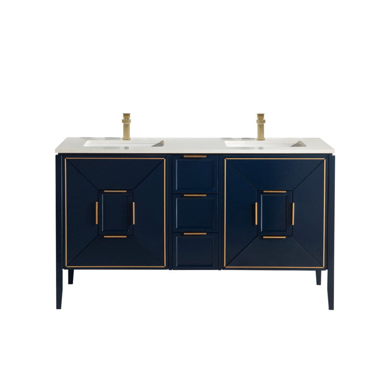 Kube Bath KV8860-Blue Vetro 60" Blue Free Standing Double Sink Bathroom Vanity with White Quartz Top