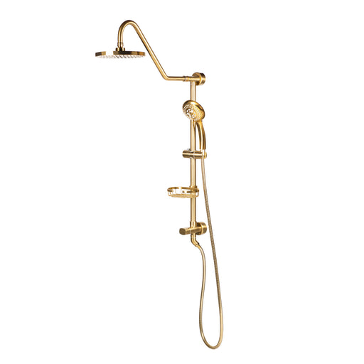 PULSE ShowerSpas 1011-BG-1.8GPM Kauai 8-in Rain Showerhead Shower System with Slide Bar and Integrated Soap Dish in Brushed Gold, 1.8 GPM