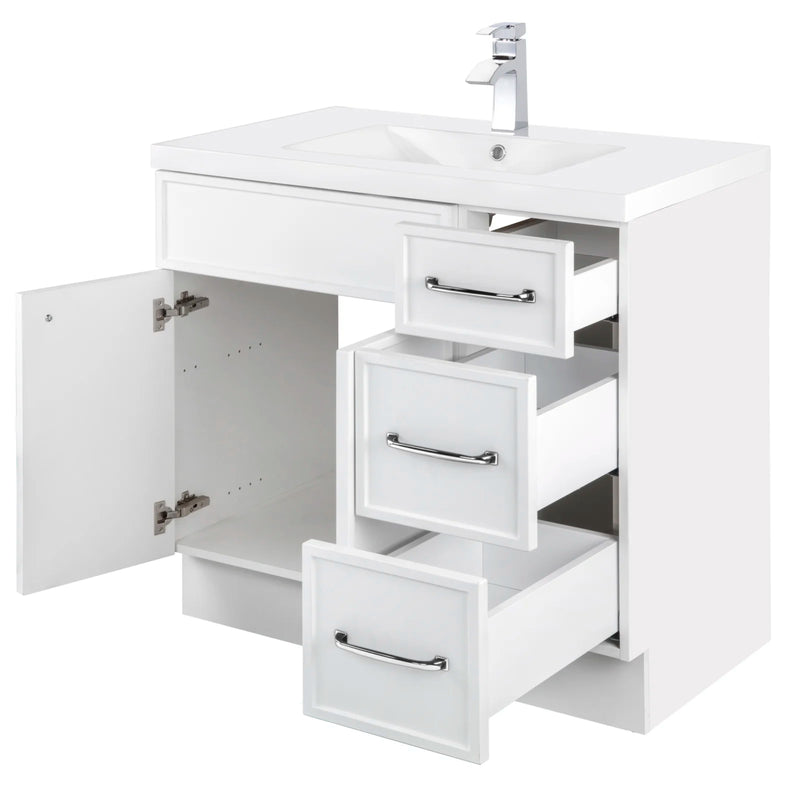 Cutler MANWHT36RHT Manhattan 36" Single Sink Free Standing Cultured Marble Top Bathroom Vanity - White