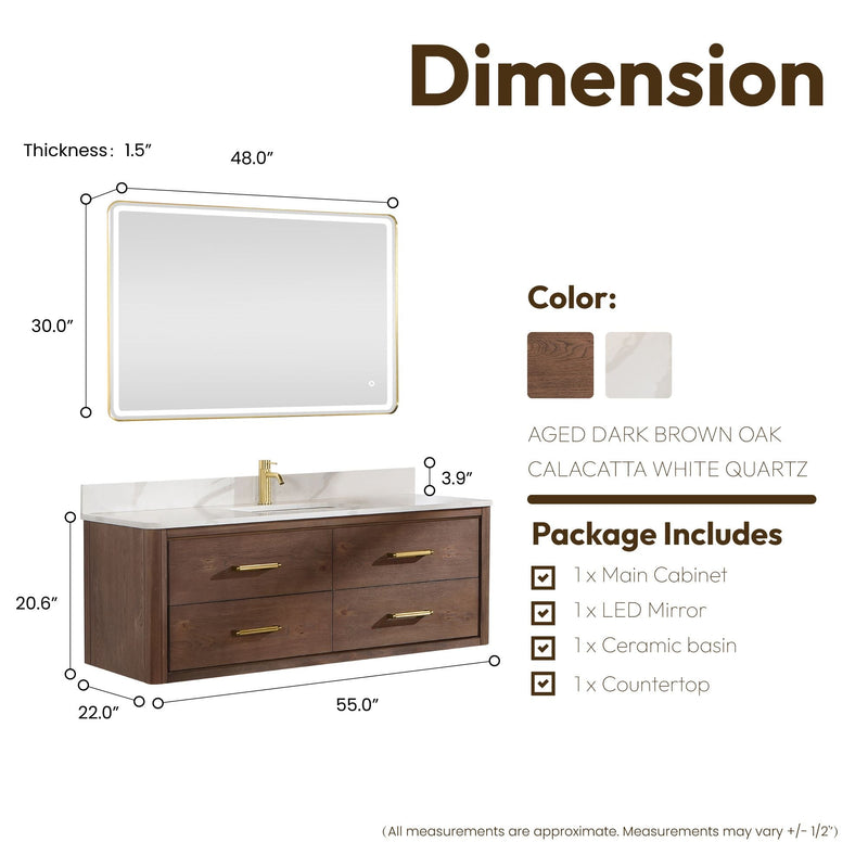Vinnova 706655-AD-BK Cristo 55" Floating Single Bath Vanity in Aged Dark Brown Oak with Fish Maw White Quartz Stone Top