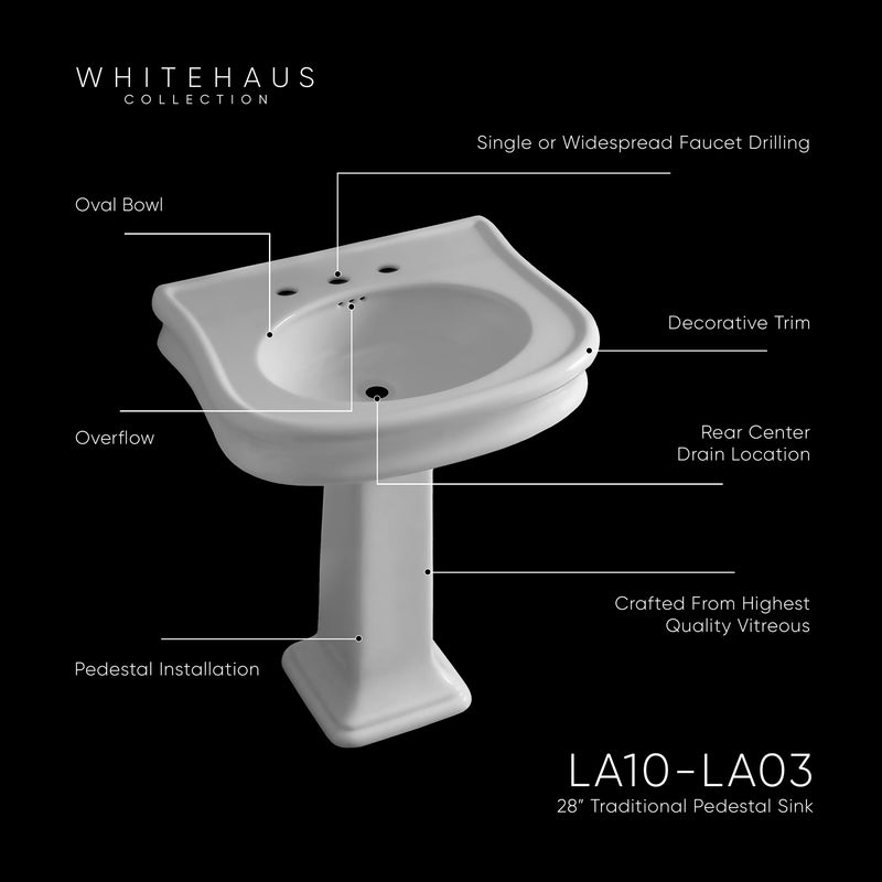 Whitehaus LA10-LA03-3H Isabella 27-1/2" Oval Pedestal Bathroom Sink - White