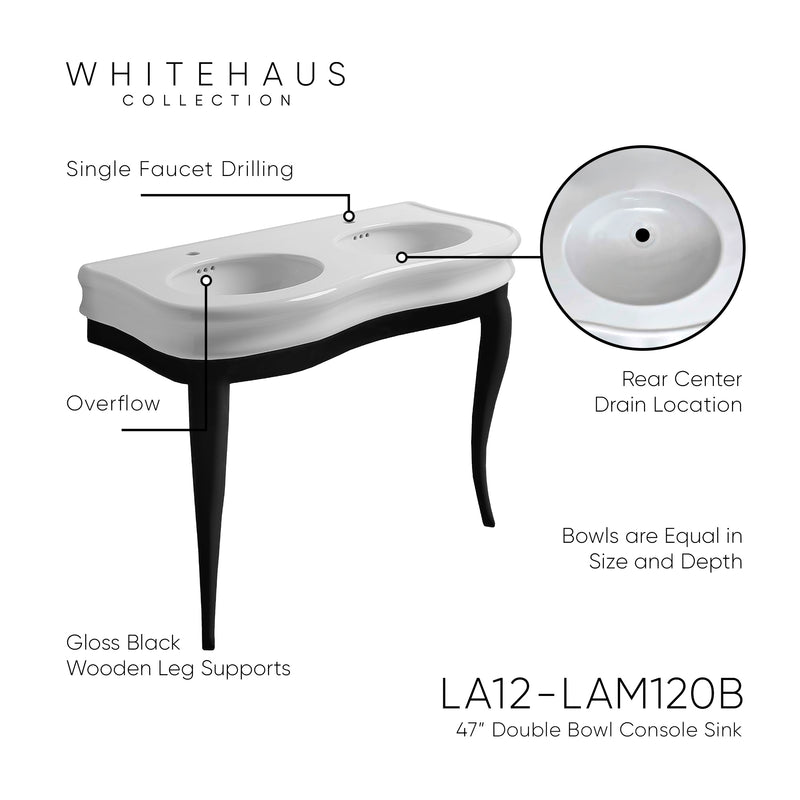Whitehaus LA12-LAM120B Isabella 47" Double Bowl Console Bathroom Sink - White/Black