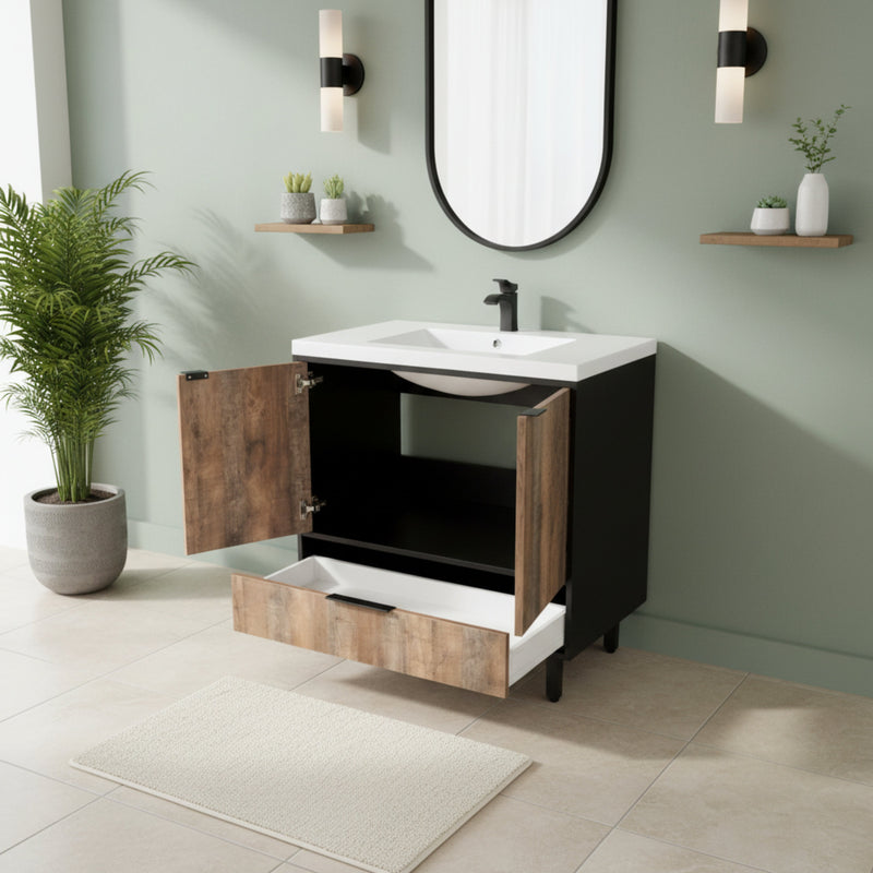 Cutler LCWSKBLK30 London 30" Single Sink Free Standing Cultured Marble Top Bathroom Vanity - Whiskey