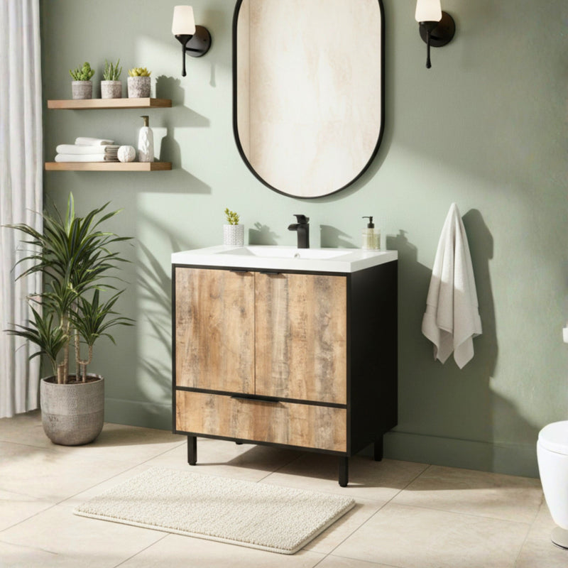 Cutler LCWSKBLK30 London 30" Single Sink Free Standing Cultured Marble Top Bathroom Vanity - Whiskey