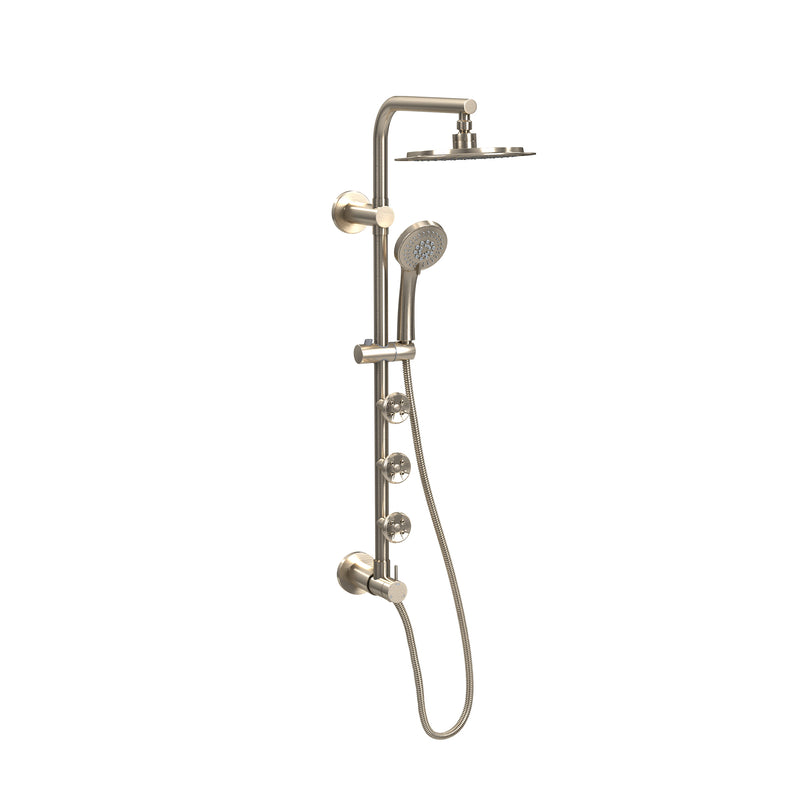 PULSE ShowerSpas 1089-BN-1.8GPM Lanai 8-in Rain Showerhead Shower System with 3-Body Jets, Pivoting Shower Arm and Multi-function Handshower in Brushed Nickel, 1.8 GPM