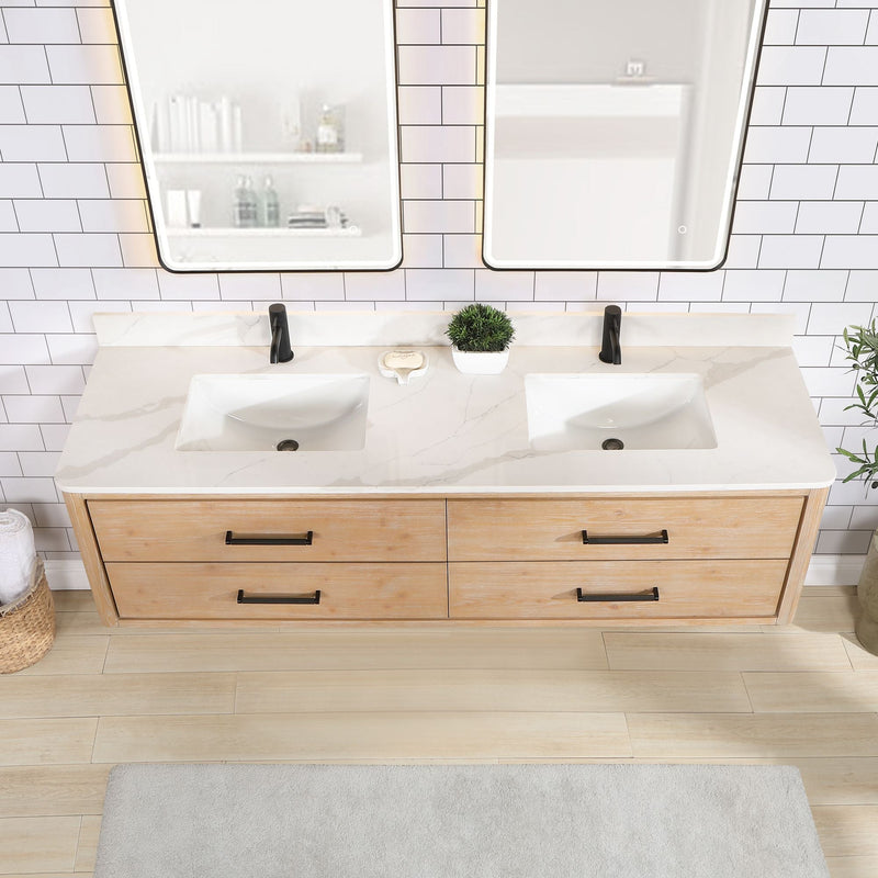 Vinnova 706672-FN-BK Cristo 72" Floating Double Bath Vanity in Fir Wood Brown with Fish Maw White Quartz Stone Top
