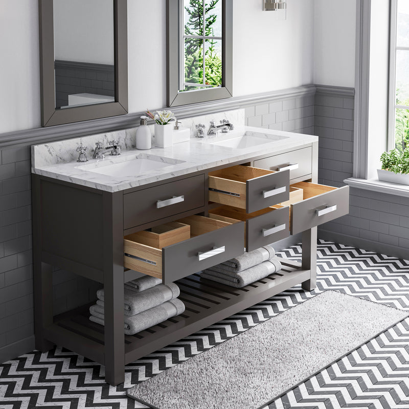 Water Creation MA60CW - Madalyn 60 In. Double Sink Pre-Assembled Transitional Style Bathroom Vanity With 1" Carrara White Marble Top