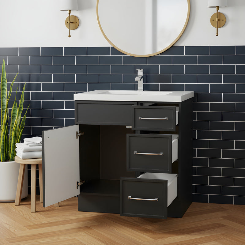 Cutler MANBLK30RHT Manhattan 30" Single Sink Free Standing Cultured Marble Top Bathroom Vanity - Black