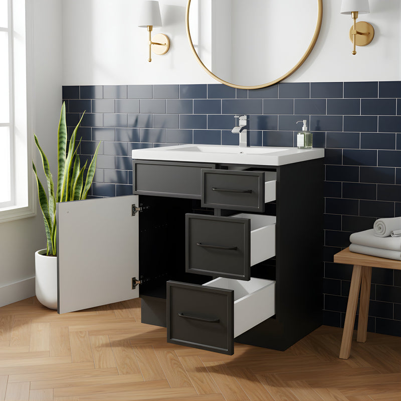 Cutler MANBLK30RHT Manhattan 30" Single Sink Free Standing Cultured Marble Top Bathroom Vanity - Black