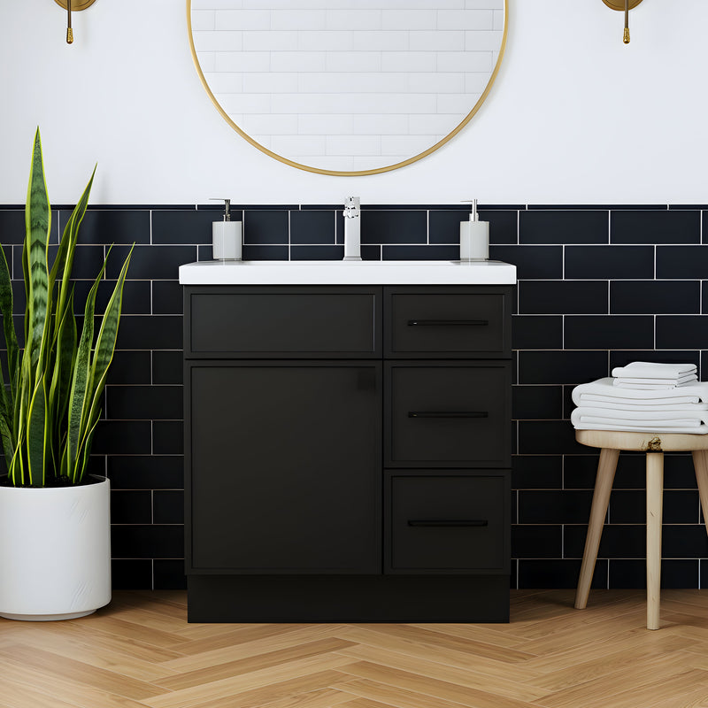 Cutler MANBLK30RHT Manhattan 30" Single Sink Free Standing Cultured Marble Top Bathroom Vanity - Black