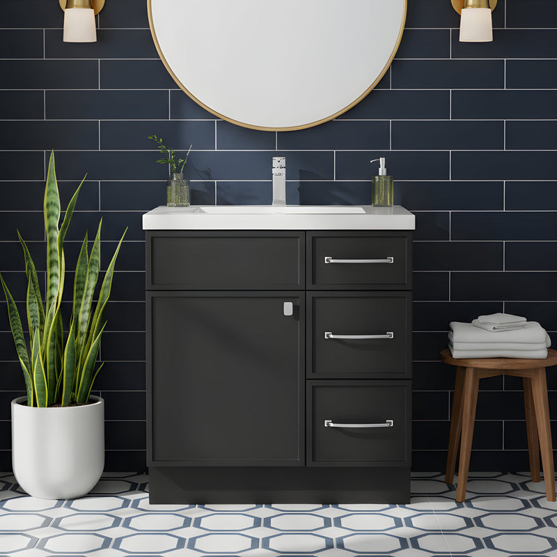 Cutler MANBLK30RHT Manhattan 30" Single Sink Free Standing Cultured Marble Top Bathroom Vanity - Black
