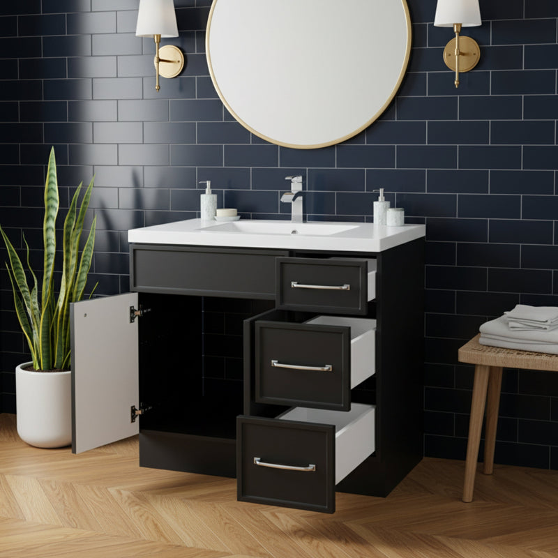 Cutler MANBLK36RHT Manhattan 36" Single Sink Free Standing Cultured Marble Top Bathroom Vanity - Black