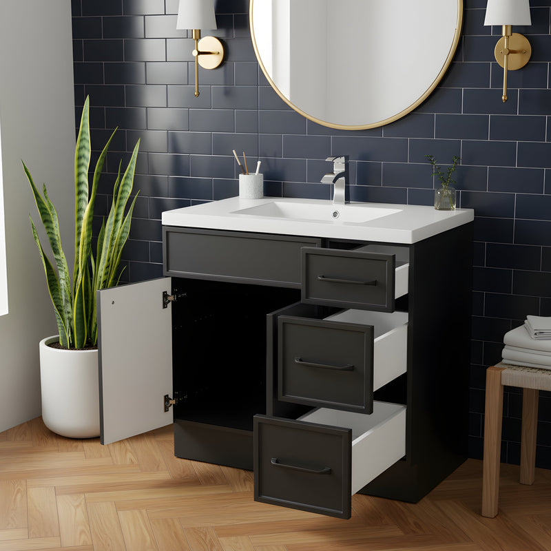 Cutler MANBLK36RHT Manhattan 36" Single Sink Free Standing Cultured Marble Top Bathroom Vanity - Black