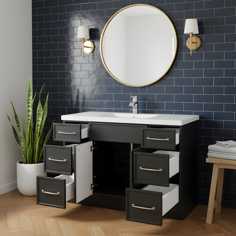 Cutler MANBLK48SBT Manhattan 48" Single Sink Free Standing Cultured Marble Top Bathroom Vanity - Black