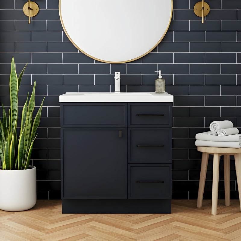 Cutler MANBLU30RHT Manhattan 30" Single Sink Free Standing Cultured Marble Top Bathroom Vanity - Blue