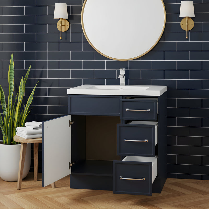 Cutler MANBLU30RHT Manhattan 30" Single Sink Free Standing Cultured Marble Top Bathroom Vanity - Blue