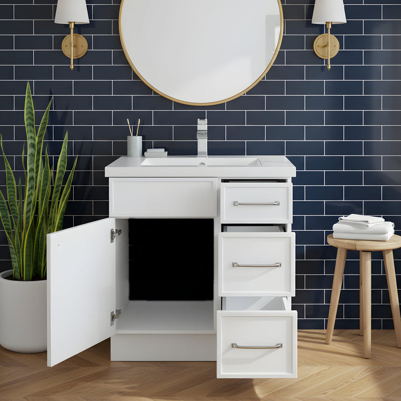 Cutler MANWHT30RHT Manhattan 30" Single Sink Free Standing Cultured Marble Top Bathroom Vanity - White