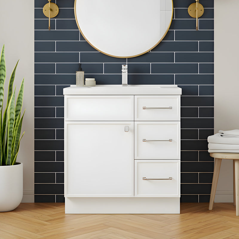 Cutler MANWHT30RHT Manhattan 30" Single Sink Free Standing Cultured Marble Top Bathroom Vanity - White