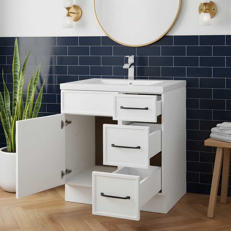 Cutler MANWHT30RHT Manhattan 30" Single Sink Free Standing Cultured Marble Top Bathroom Vanity - White