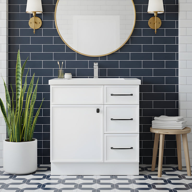 Cutler MANWHT30RHT Manhattan 30" Single Sink Free Standing Cultured Marble Top Bathroom Vanity - White