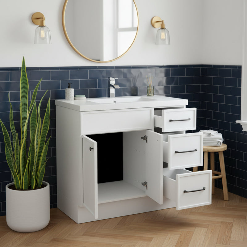 Cutler MANWHT36RHT Manhattan 36" Single Sink Free Standing Cultured Marble Top Bathroom Vanity - White