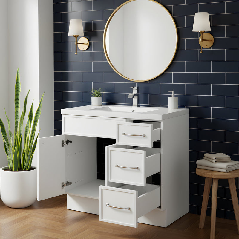 Cutler MANWHT36RHT Manhattan 36" Single Sink Free Standing Cultured Marble Top Bathroom Vanity - White