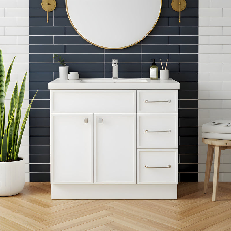 Cutler MANWHT36RHT Manhattan 36" Single Sink Free Standing Cultured Marble Top Bathroom Vanity - White