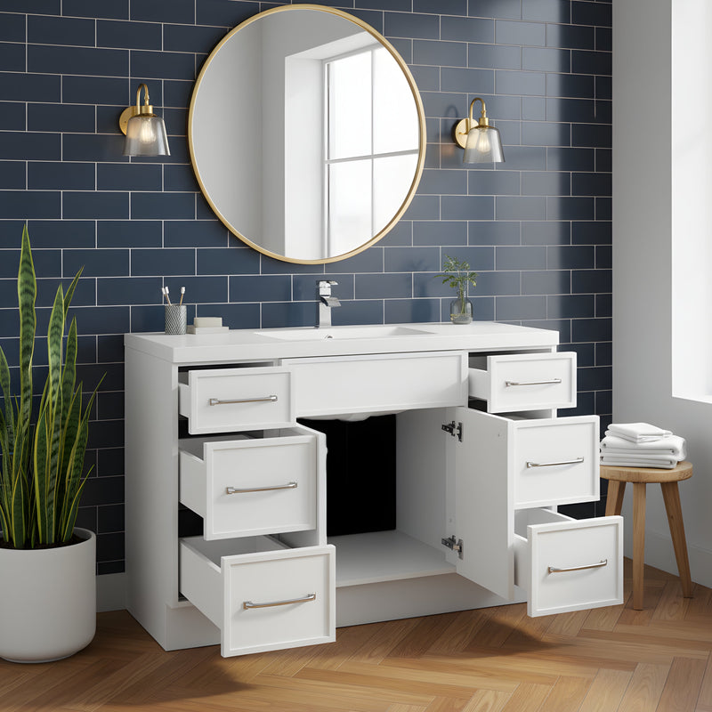 Cutler MANWHT48SBT Manhattan 48" Single Sink Free Standing Cultured Marble Top Bathroom Vanity - White