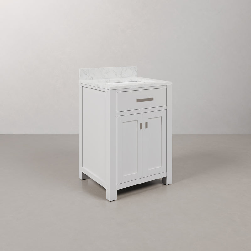Water Creation MS24CW - Madison 24 In. Single Sink Pre-Assembled Transitional Style Bathroom Vanity With 1" Carrara White Marble Top