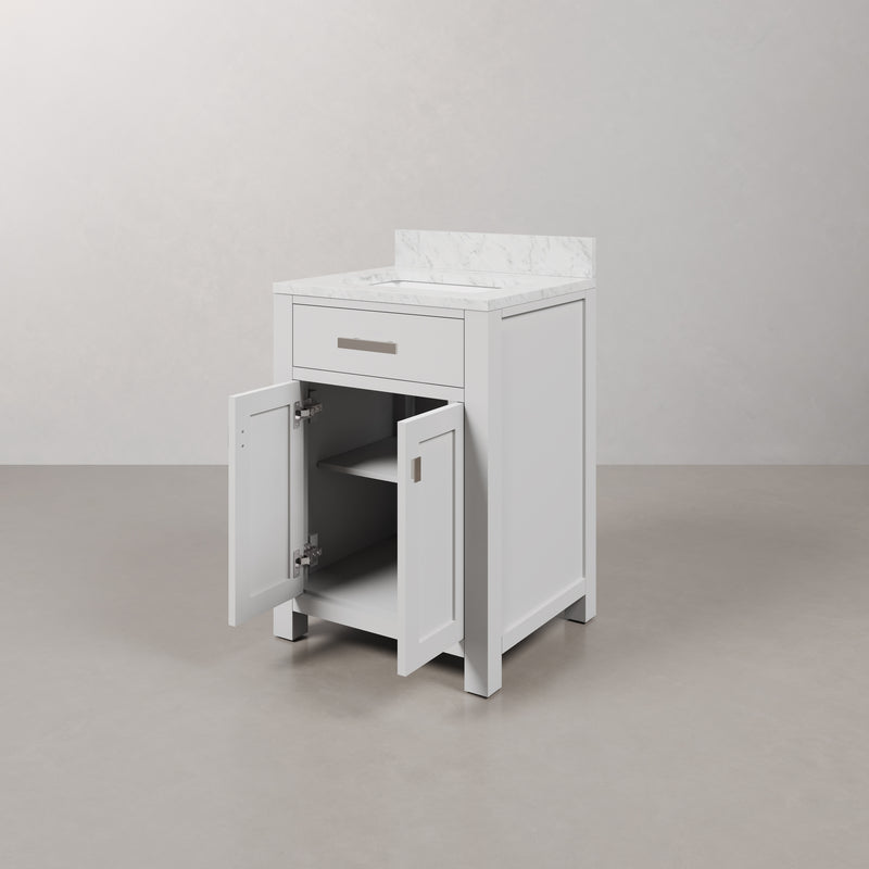 Water Creation MS24CW - Madison 24 In. Single Sink Pre-Assembled Transitional Style Bathroom Vanity With 1" Carrara White Marble Top
