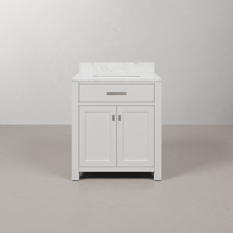 Water Creation MS30CW - Madison 30 In. Single Sink Pre-Assembled Transitional Style Bathroom Vanity With 1" Carrara White Marble Top
