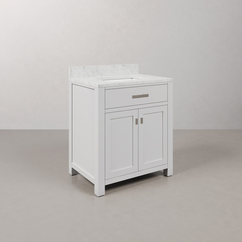Water Creation MS30CW - Madison 30 In. Single Sink Pre-Assembled Transitional Style Bathroom Vanity With 1" Carrara White Marble Top