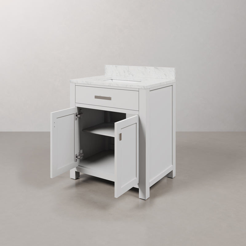 Water Creation MS30CW - Madison 30 In. Single Sink Pre-Assembled Transitional Style Bathroom Vanity With 1" Carrara White Marble Top